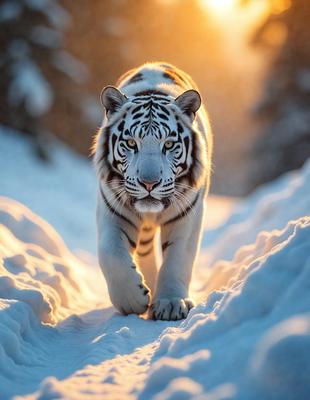 Primary subject: A white tiger walking in the snow.

Setting/background: The tiger is walking on a snow-covered hillside, with trees in the background.

Visual style: The image is a photo of the tiger in its natural habitat.

Colors and mood: The scene is predominantly white due to the snow, creating a serene and peaceful atmosphere.